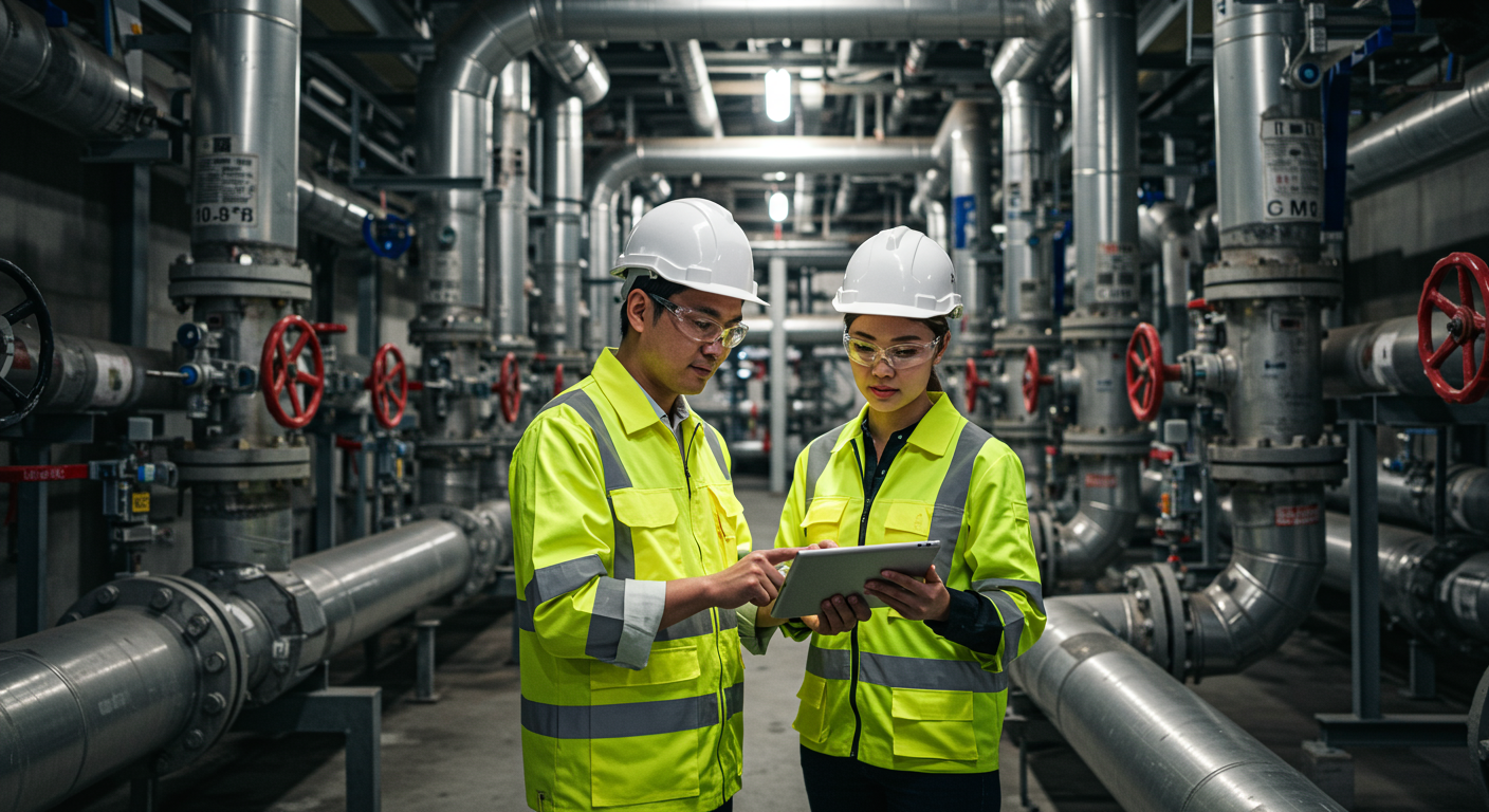 Engineers discussing a plan in front of industrial water pipes.