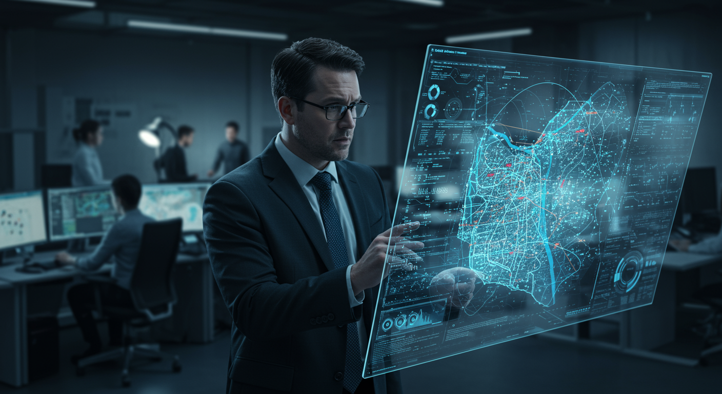 A manager in a city operations center reviews a digital map of infrastructure.