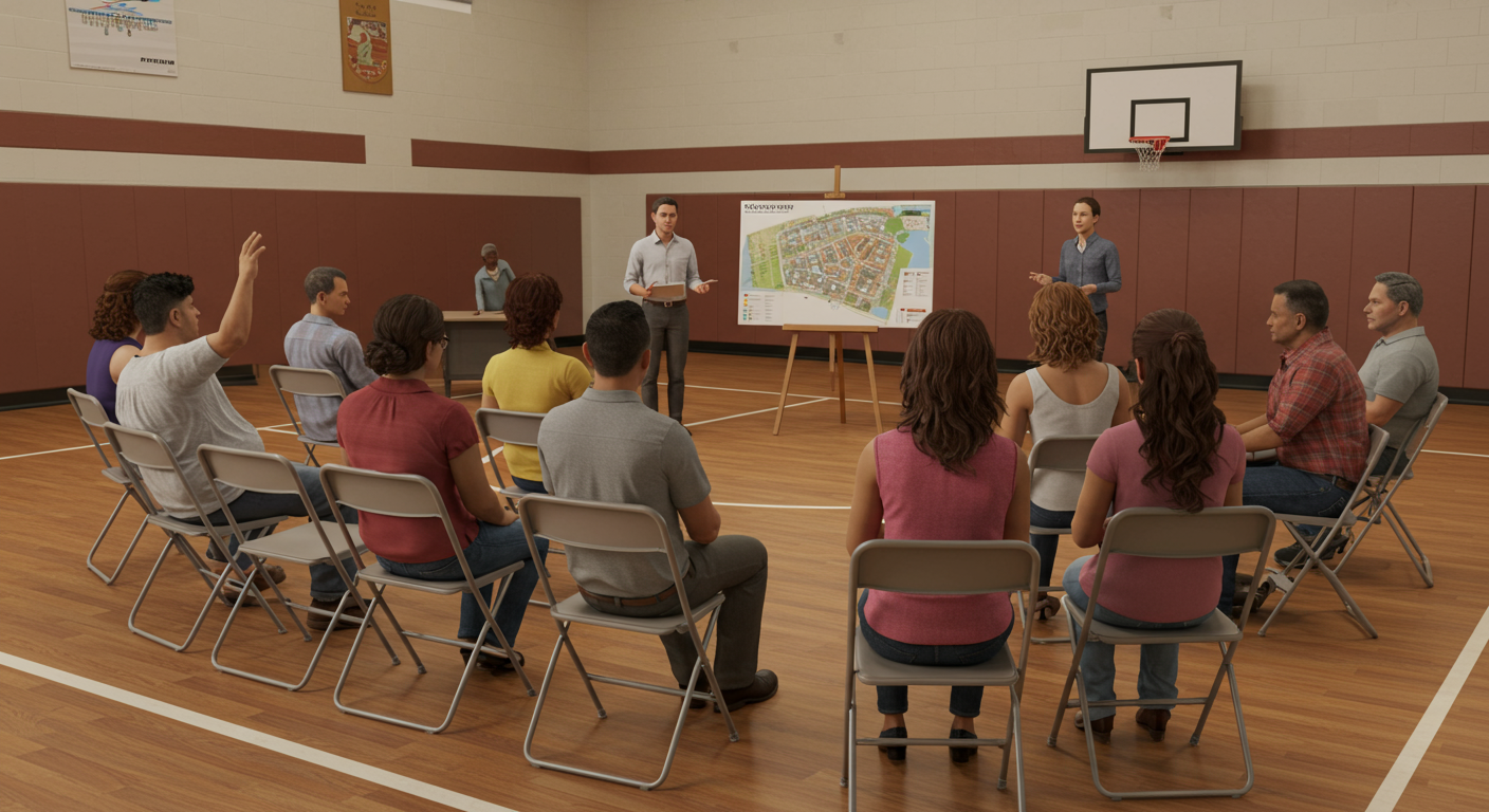 A project manager presenting to a group of citizens at a community meeting.