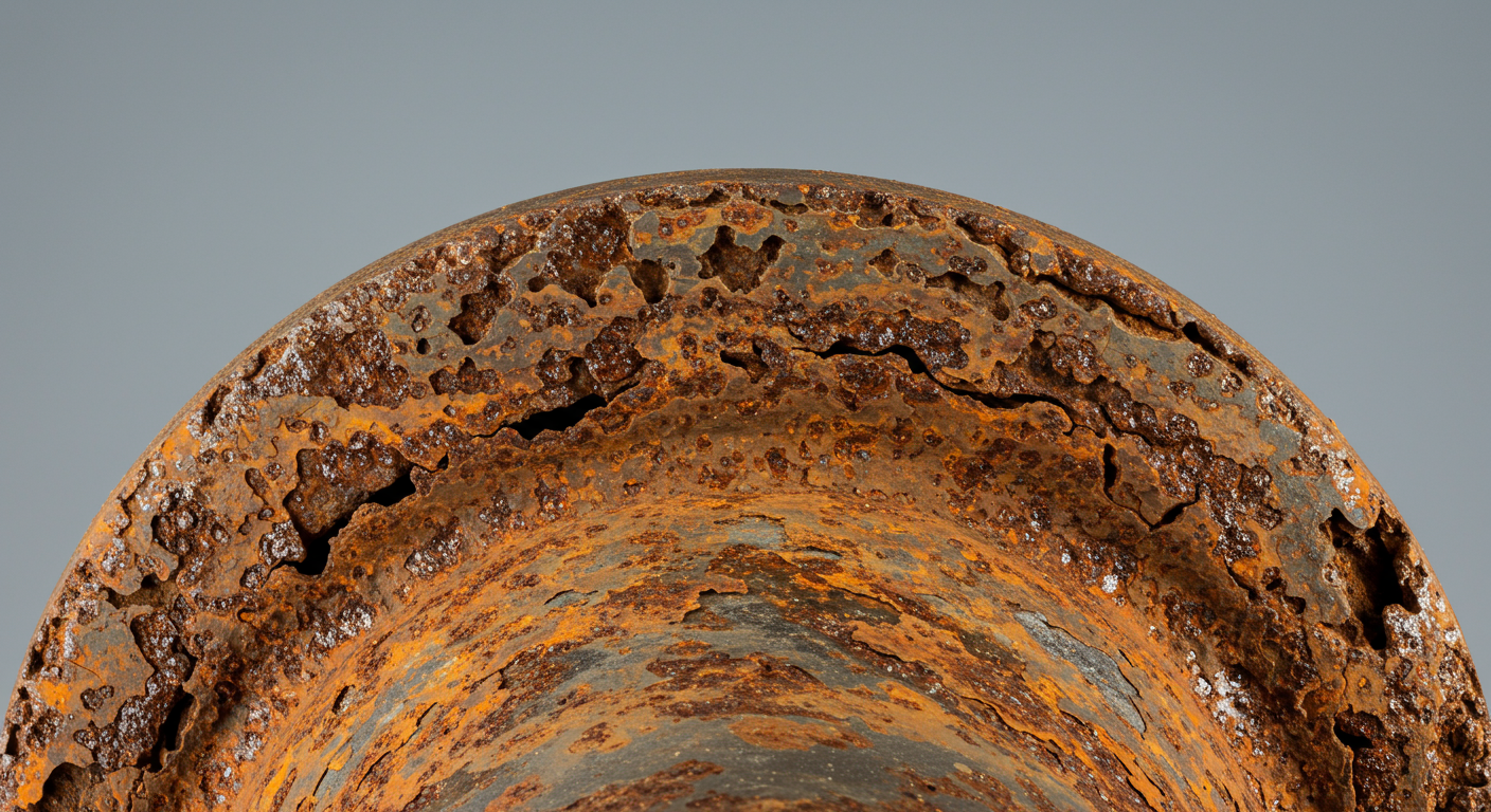 A close-up view of a corroded metal pipe, showing rust and pitting on its surface.