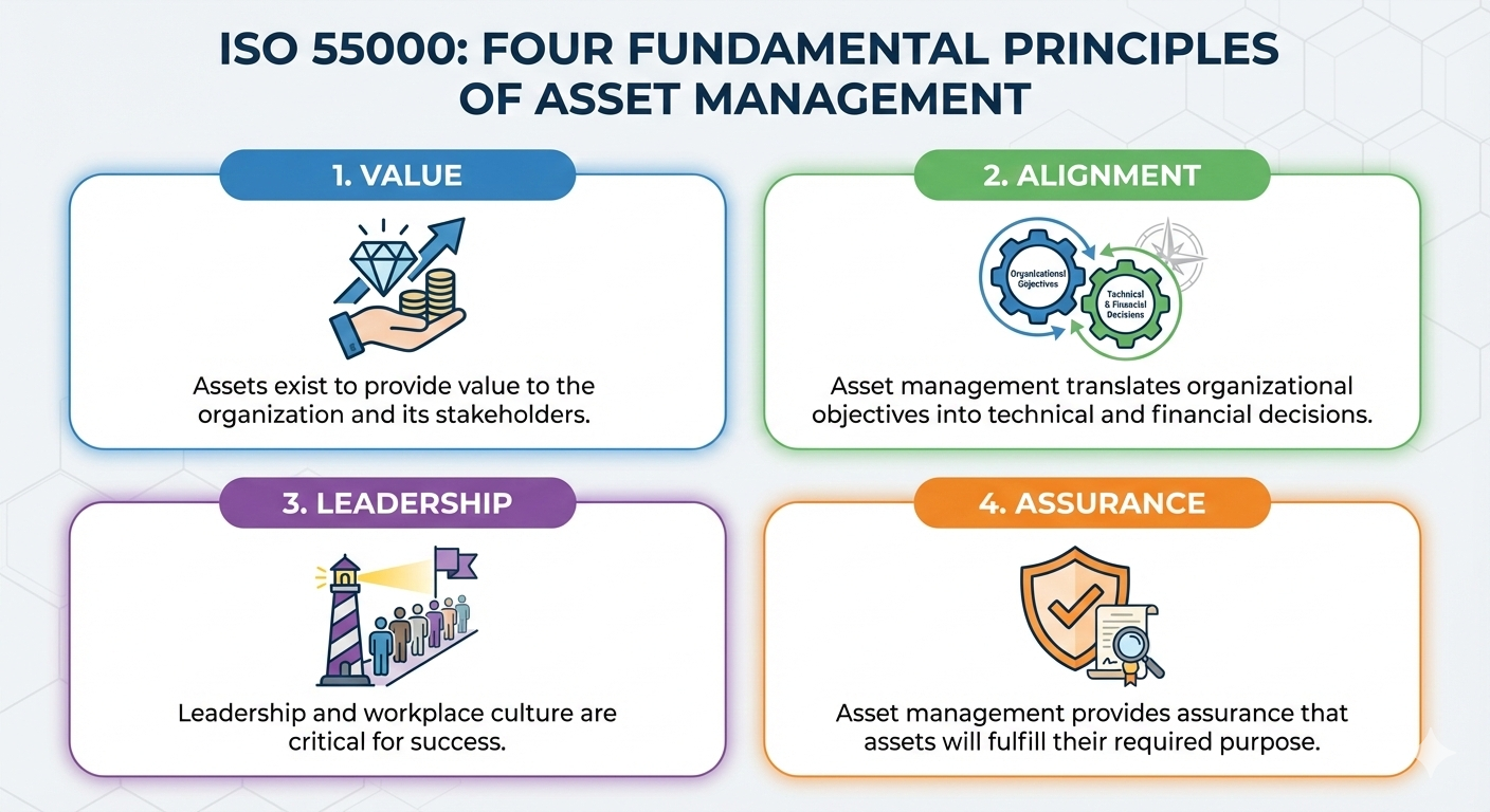 Infographic of the four ISO 55000 principles: Value, Alignment, Leadership, and Assurance.