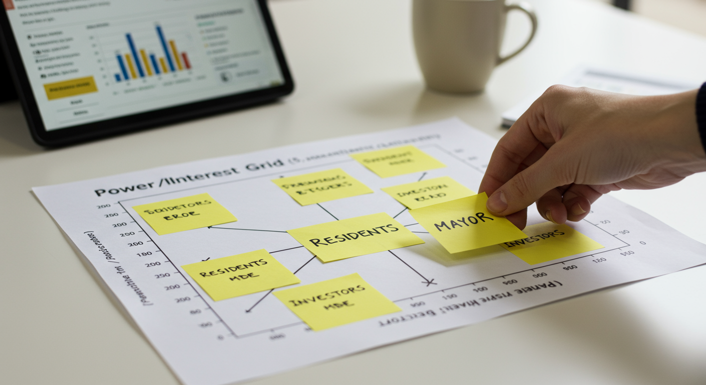 A person is physically mapping stakeholders onto a Power/Interest Grid using sticky notes, demonstrating the process of categorization.