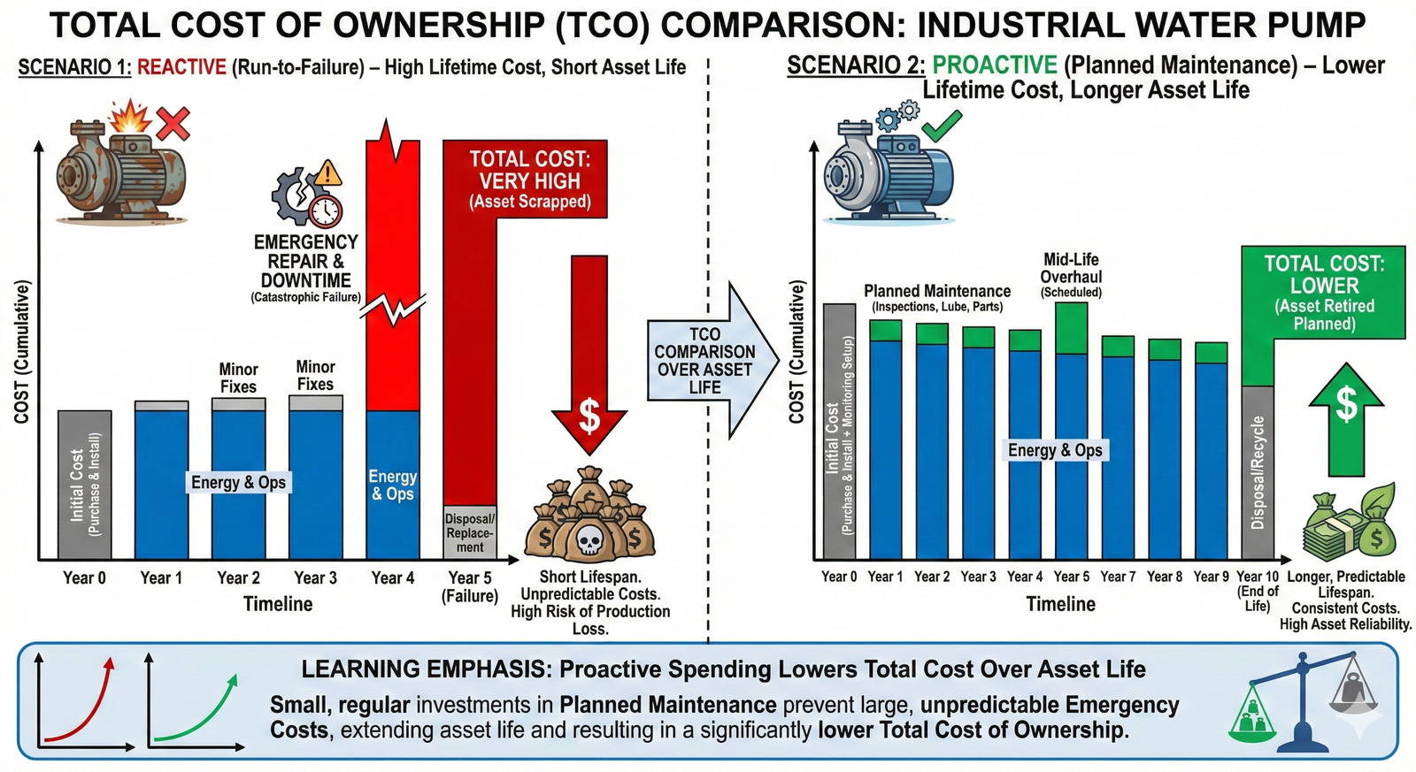 A chart comparing total cost of ownership, showing that a proactive approach has a lower total cost over an asset's life despite higher initial maintenance spending.