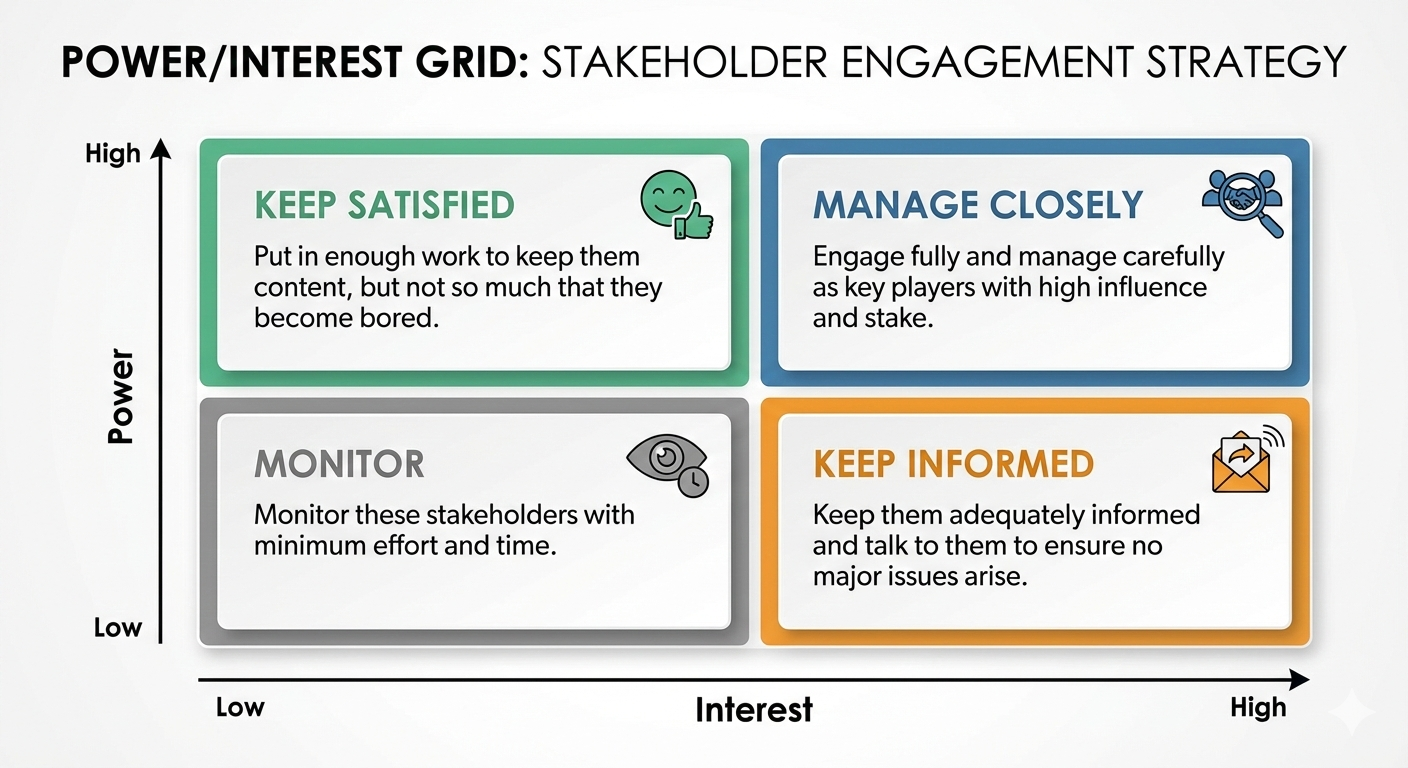 A 2x2 grid for classifying stakeholders based on their level of power and interest. The quadrants are Monitor, Keep Informed, Keep Satisfied, and Manage Closely.