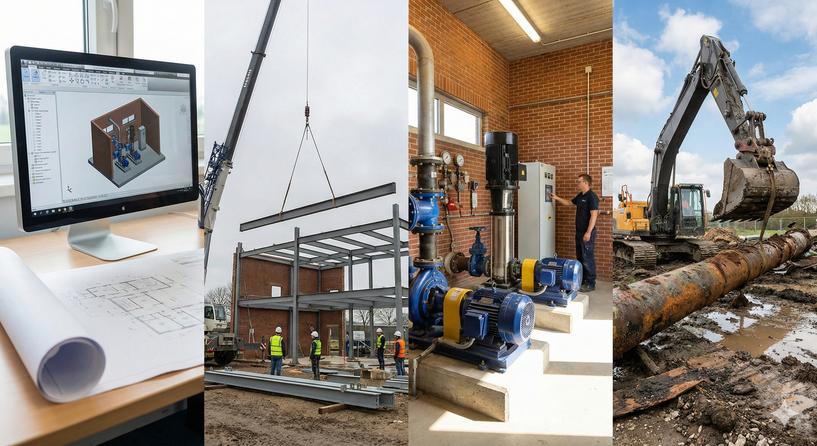 Four images depicting the asset lifecycle stages: planning, creation, operation, and disposal.