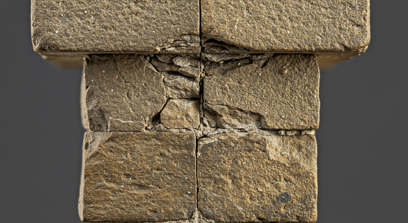 A close-up photo of a stone bridge pillar showing significant deterioration. The stone surface is crumbling and flaking off, a condition known as spalling. Cracks are visible in the mortar holding the stones together.