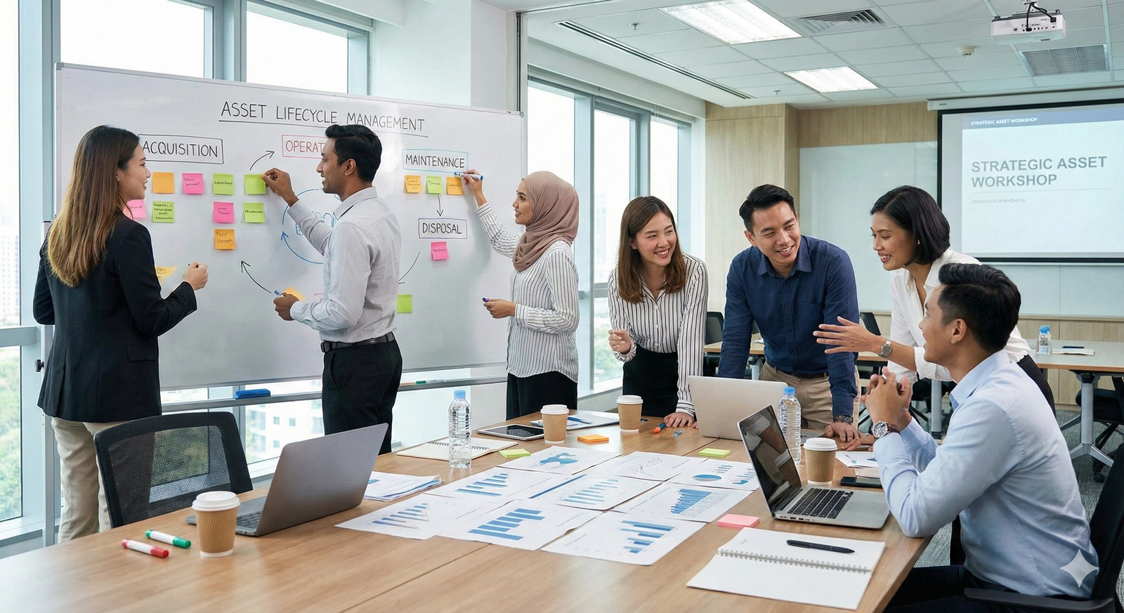 A team of professionals collaborating in a workshop, demonstrating the communication and training needed to implement an asset management policy.