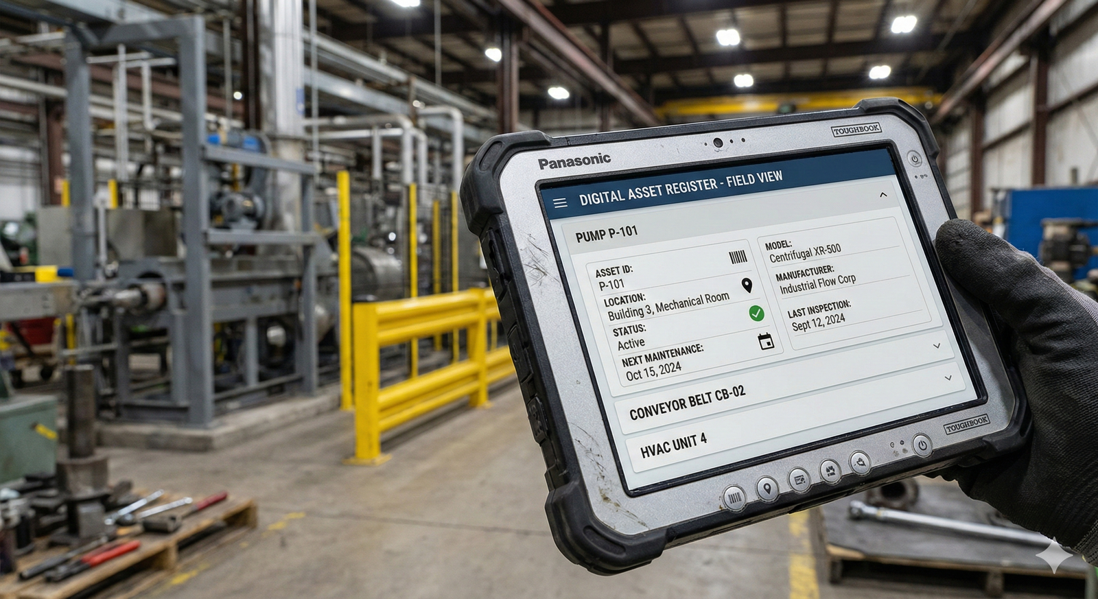 A tablet screen showing a digital list of physical assets and their key data, representing an asset register.