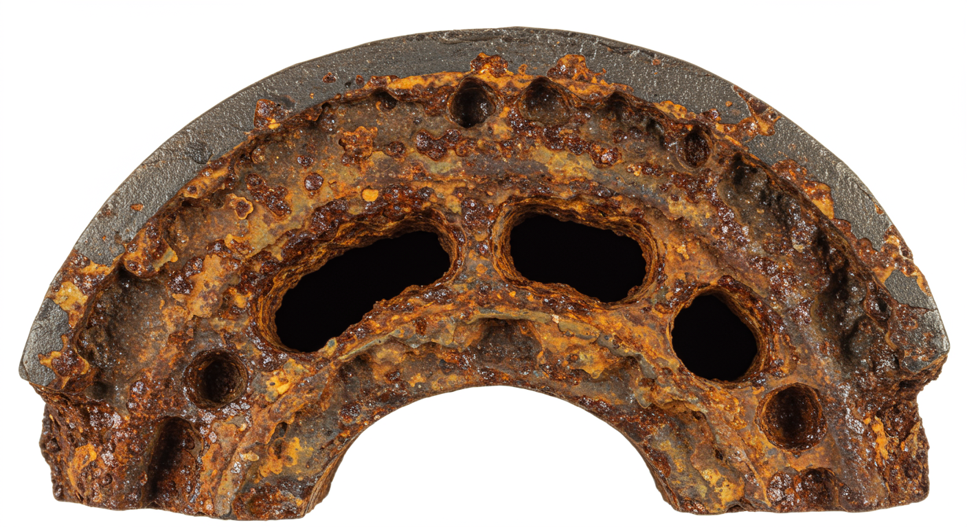 A close-up photo of a heavily corroded and encrusted water pipe, representing an asset in poor condition.