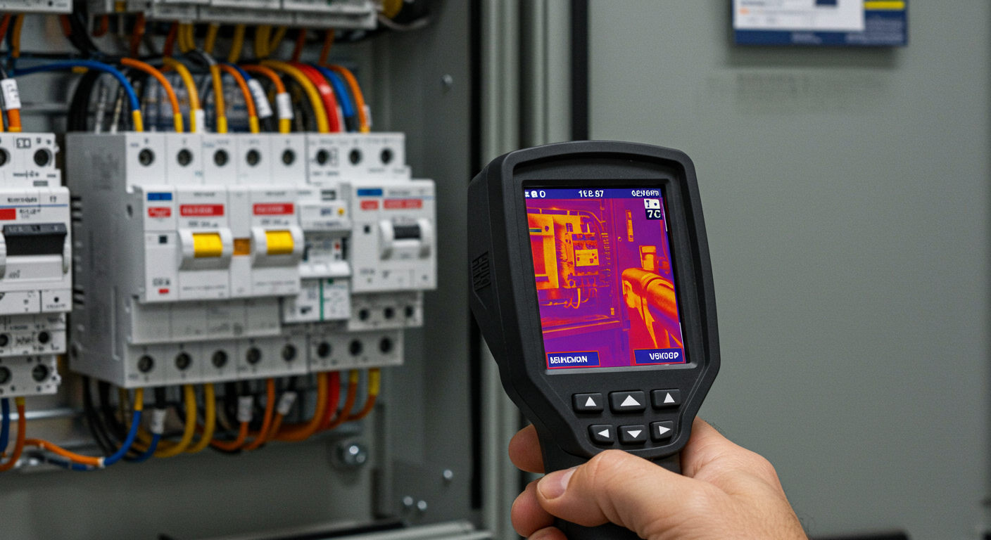 A technician uses a thermal camera to detect a hot spot on an electrical panel, an example of predictive maintenance.