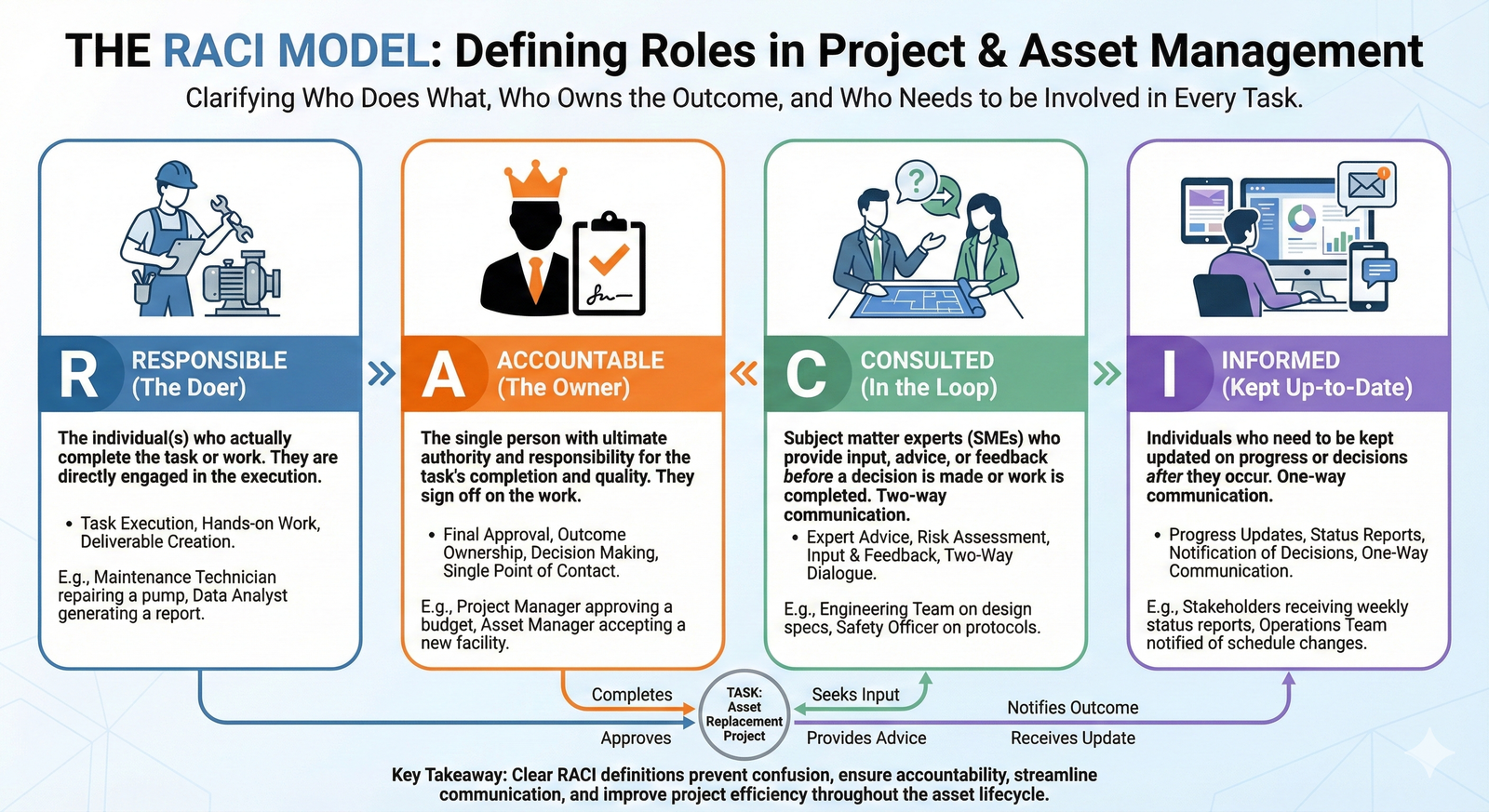 Infographic explaining the four components of a RACI matrix: Responsible, Accountable, Consulted, and Informed.