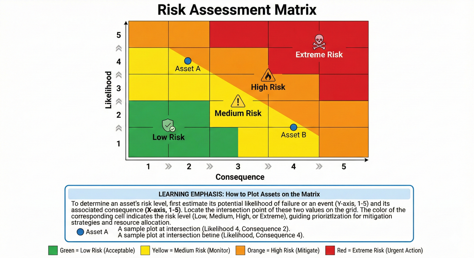 A 5x5 grid showing risk level as a function of likelihood and consequence. Low risk is green, medium is yellow, high is orange, and extreme is red.