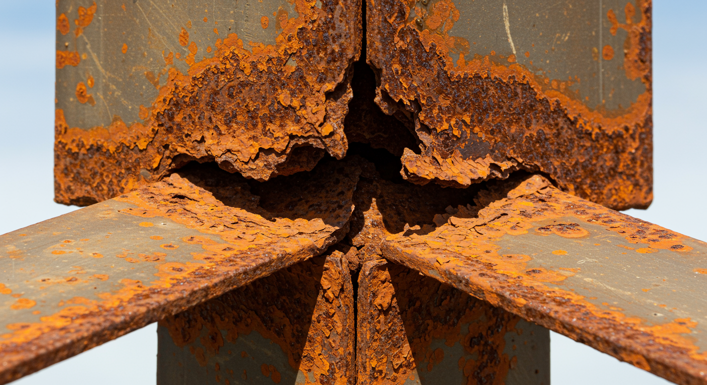 A steel support pylon showing significant rust and corrosion at its base, indicating structural weakness.