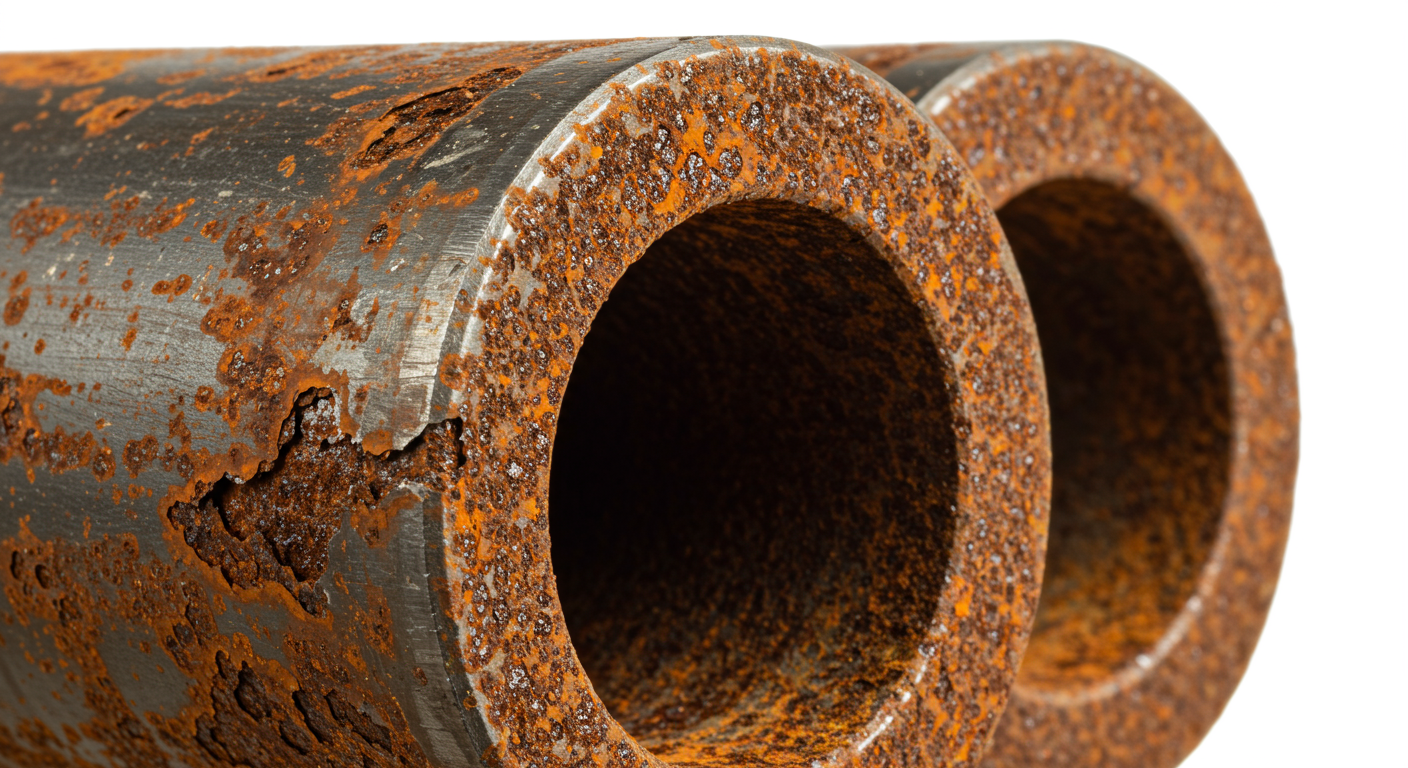 A close-up photo of a heavily corroded industrial pipe, an example of a physical hazard identified during risk identification.