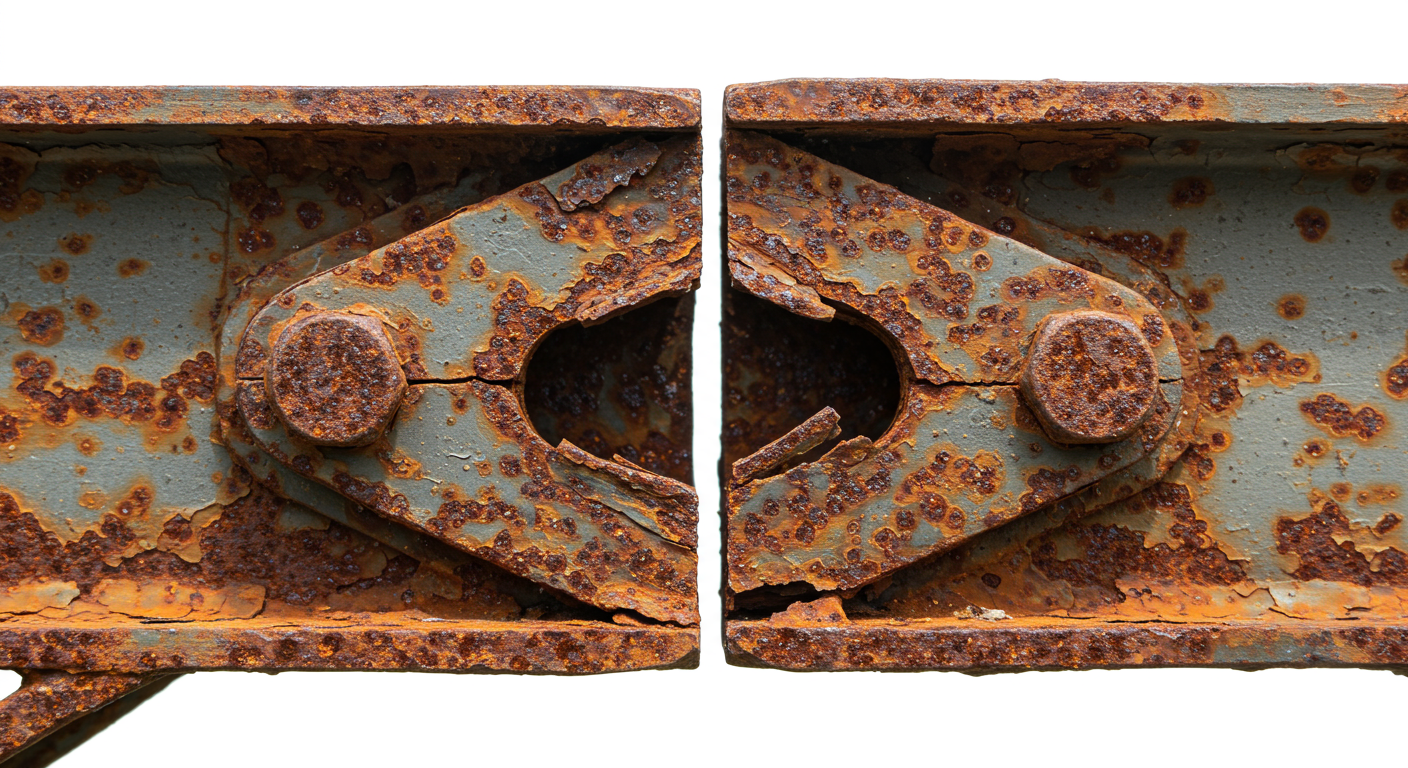 Severe corrosion on a steel gusset plate, showing visible section loss and flaking rust.