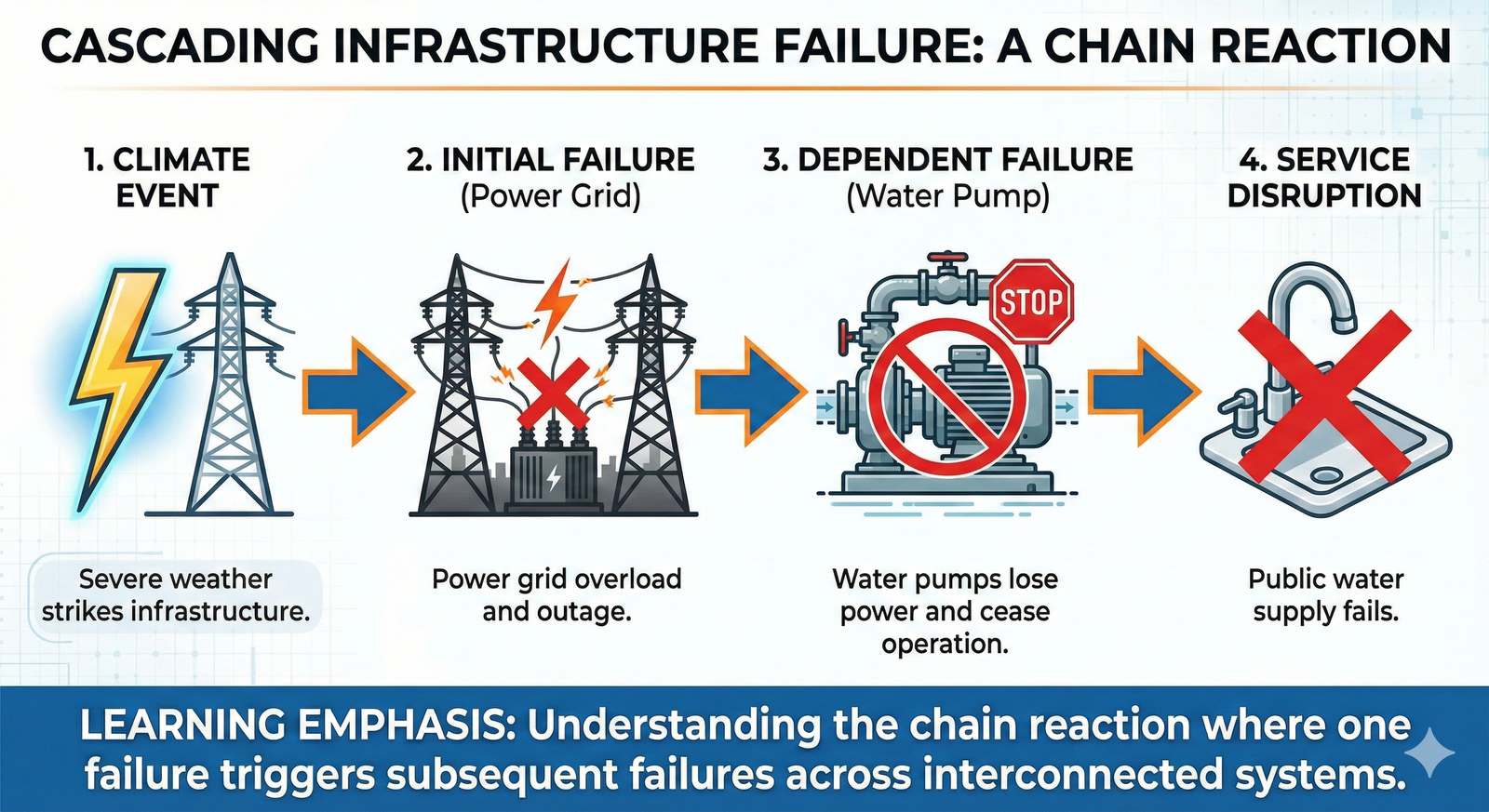 An infographic showing a chain reaction: a weather event causes a power failure, which causes a water system failure, leading to service disruption.
