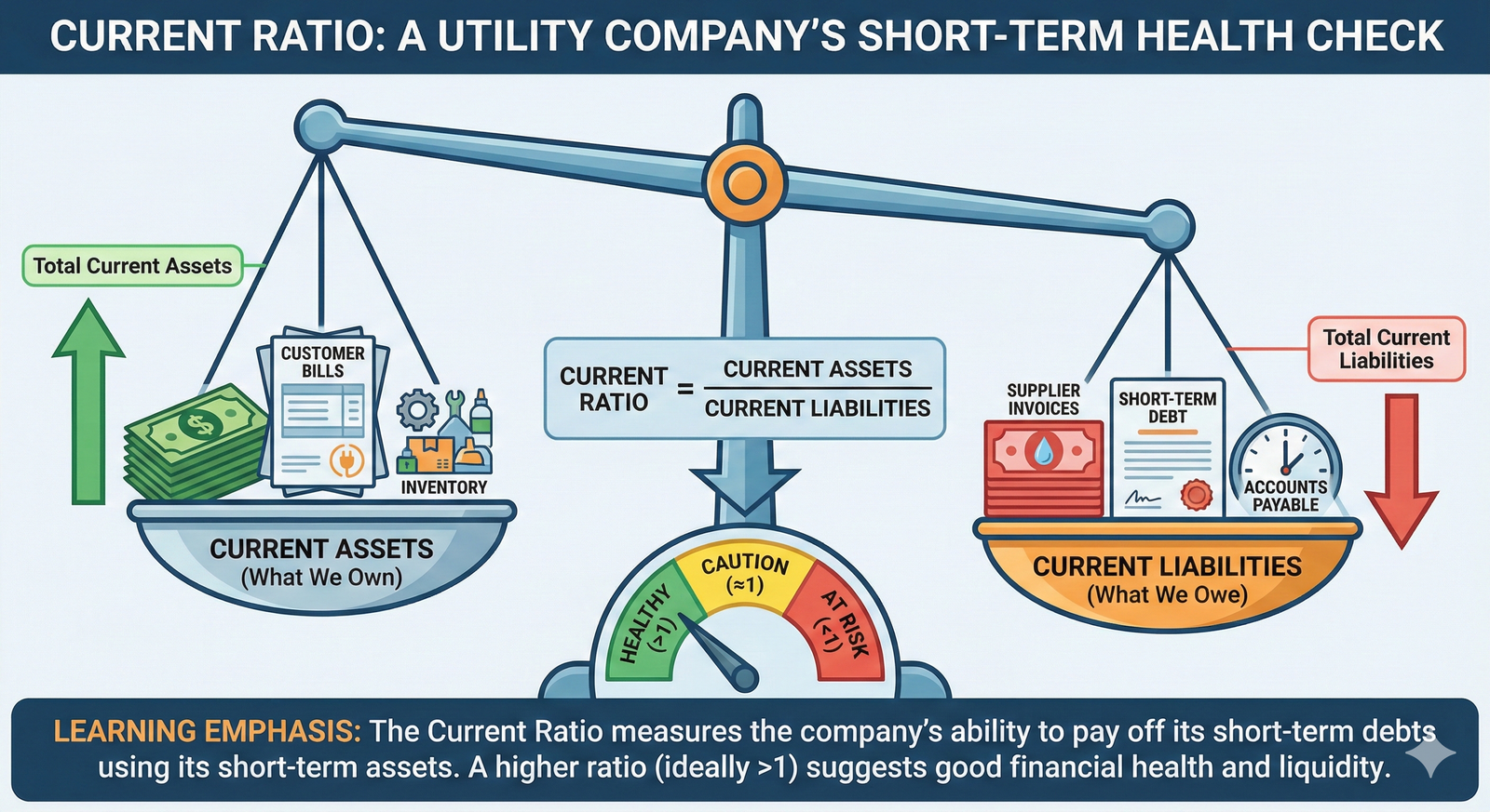 A balance scale weighing current assets against current liabilities to show the concept of the current ratio.