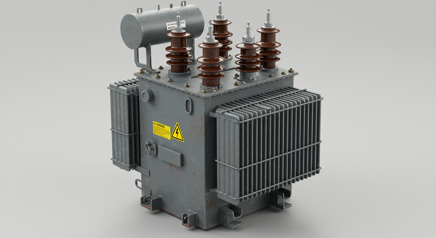 A large, green, pad-mounted electrical transformer with visible cooling fins and ceramic insulators for high-voltage connections.