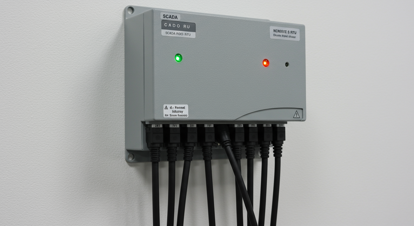 A SCADA remote terminal unit, a metal box with lights and cables, mounted on a wall in an industrial facility.