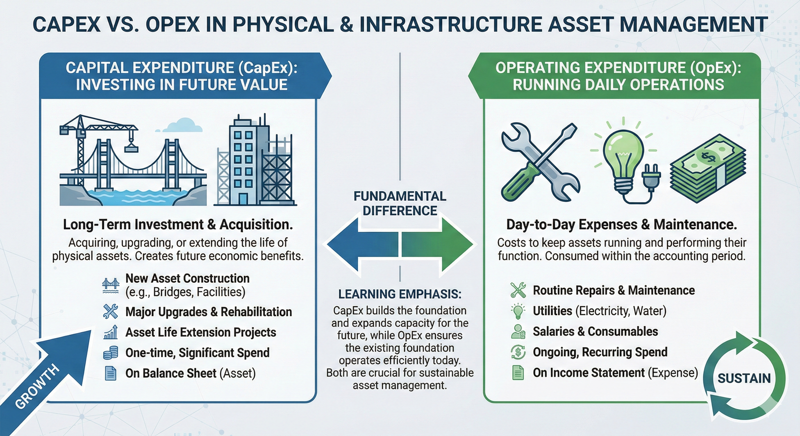 An infographic comparing CapEx, represented by an icon of a new bridge, and OpEx, represented by icons for repairs and utilities.