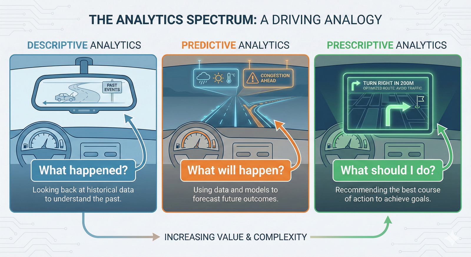 An infographic showing descriptive analytics as a rear-view mirror, predictive as a weather forecast, and prescriptive as a GPS.