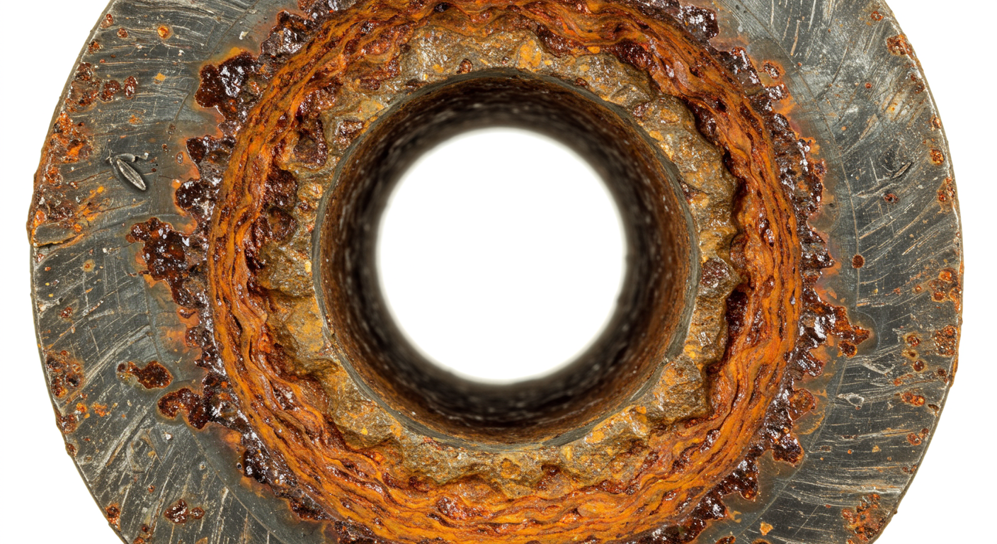 A cross-section of a corroded pipe, showing significant rust and degradation of the metal.