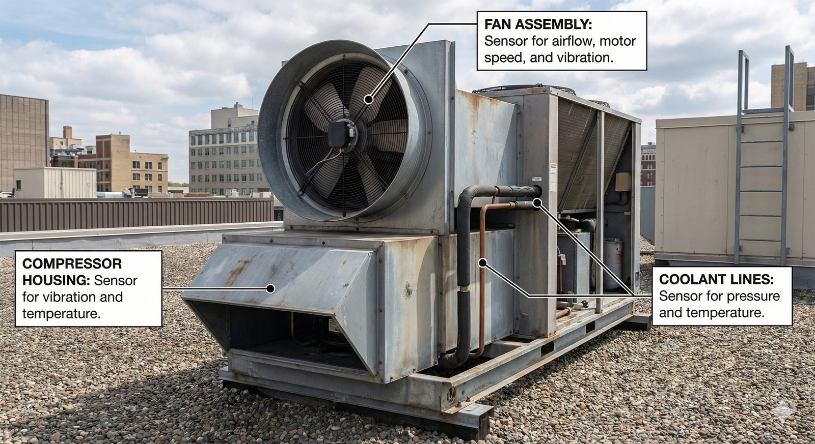 An industrial HVAC unit with labels pointing to the compressor, fan, and coolant lines as data collection points.