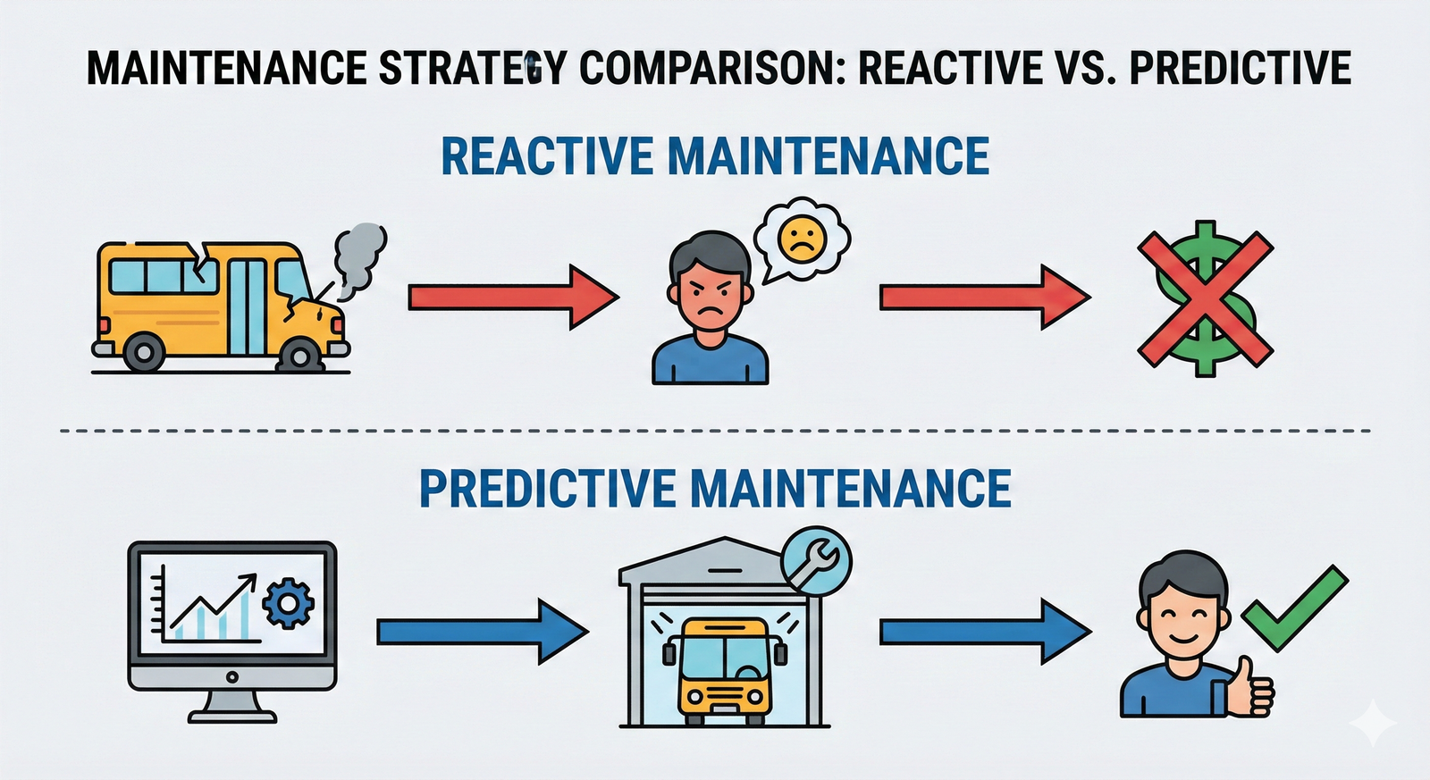 A diagram contrasting reactive maintenance, which leads to unhappy customers, with predictive maintenance, which uses data analysis to schedule repairs and satisfy customers.