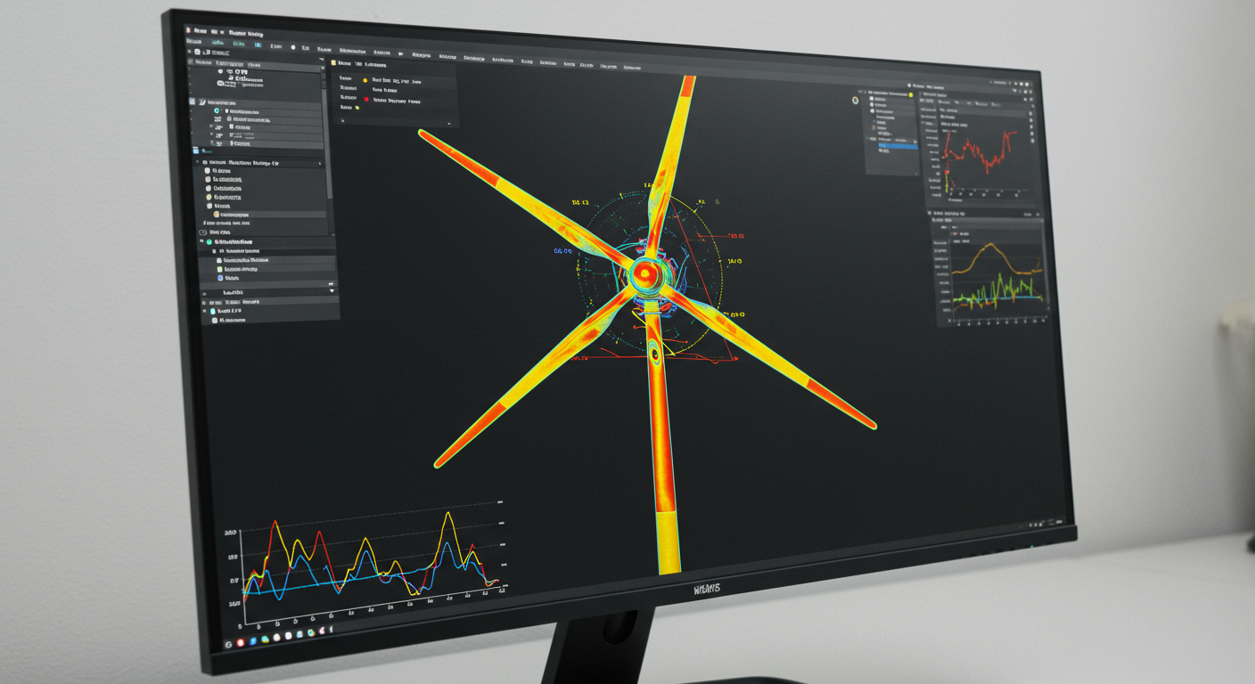 A computer screen displaying a digital twin of a wind turbine, with real-time performance data overlaid on the 3D model.
