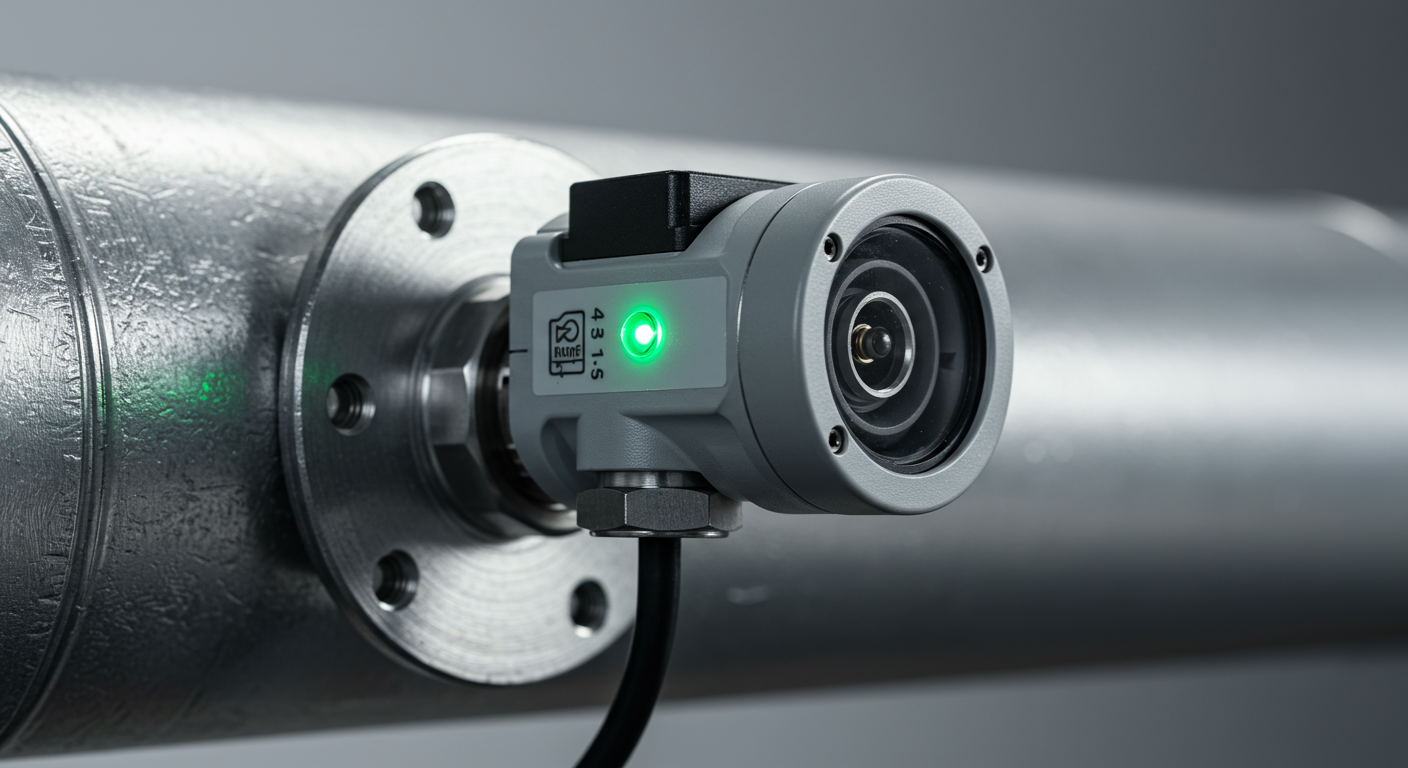 A modern sensor attached to an industrial pipe, used for collecting operational data.