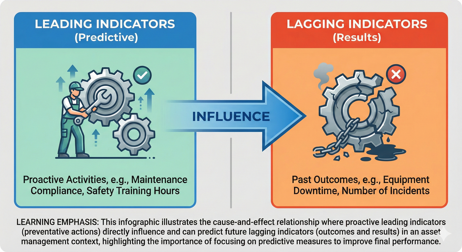 A diagram showing that proactive leading indicators like maintenance influence the lagging indicator results like downtime.