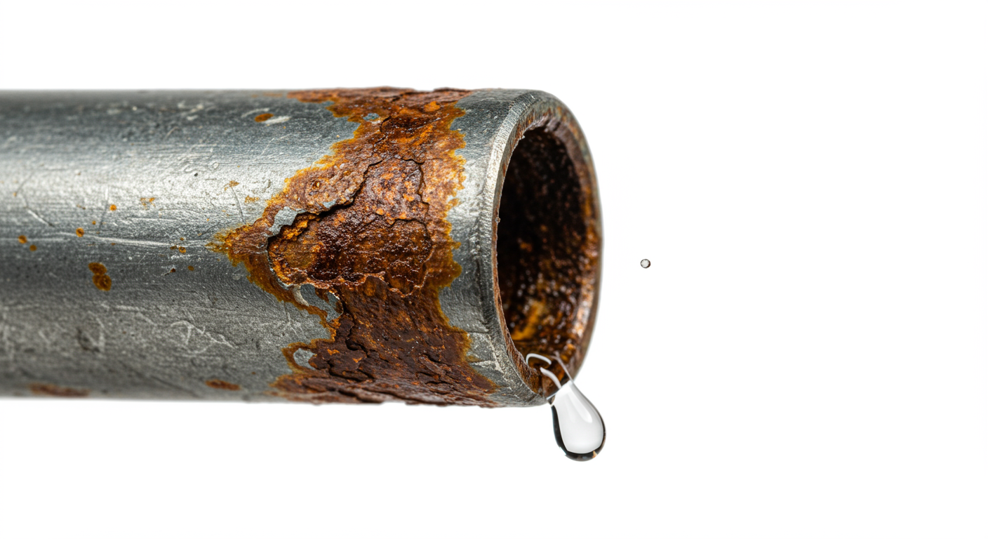A corroded metal pipe with a visible water leak.