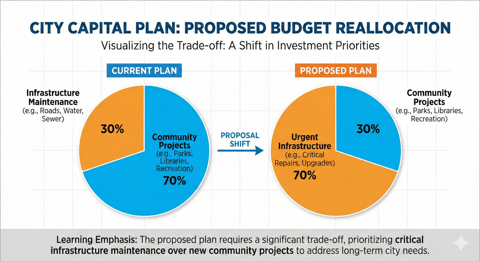 Infographic comparing the current and proposed city budget, showing a shift in funding from community projects to infrastructure.