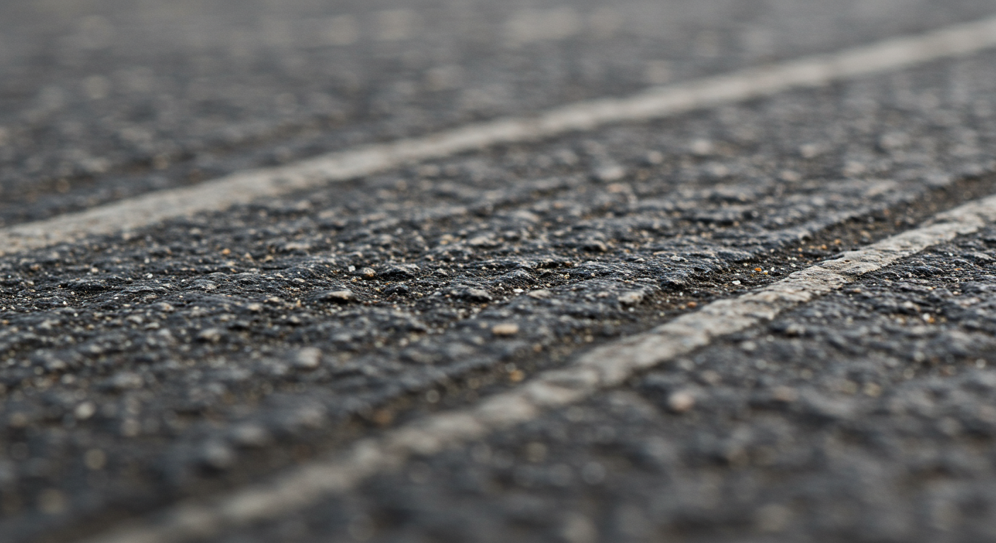 A close-up view of an aging runway, showing visible cracks and wear on the asphalt surface.