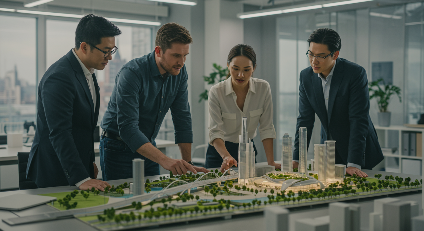 City planners collaborating over an architectural model of a city.