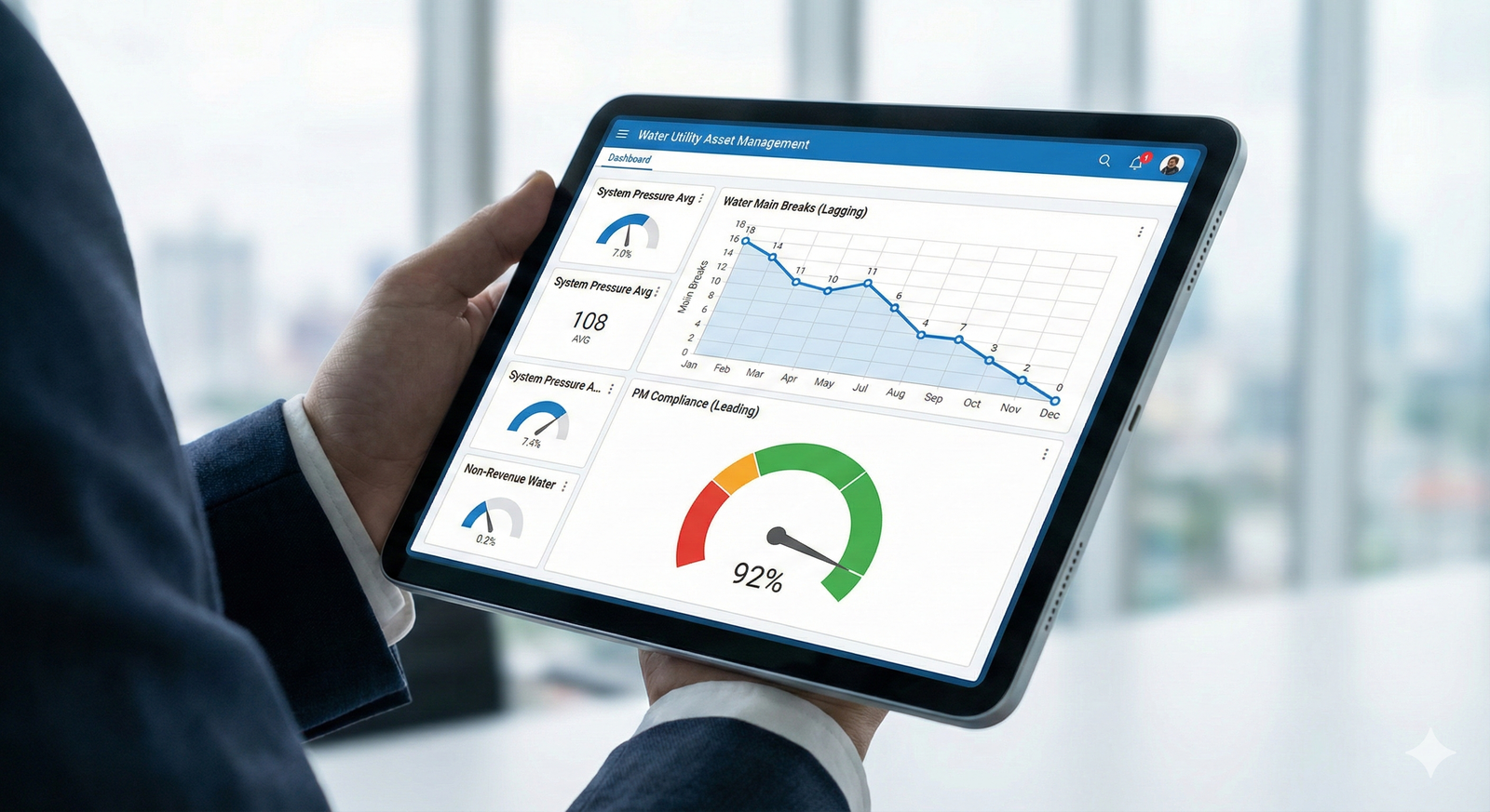 A sample KPI dashboard for a water utility, showing graphs for both leading and lagging indicators.