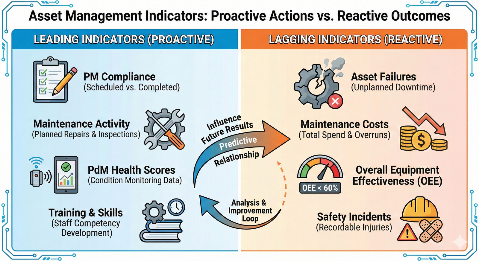 An infographic showing that proactive leading indicators like maintenance compliance influence reactive lagging indicators like asset failures and costs.