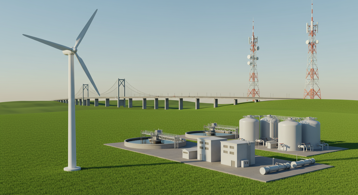 A collage of different infrastructure assets including a wind turbine, a water treatment plant, and a bridge, representing a diverse asset portfolio.