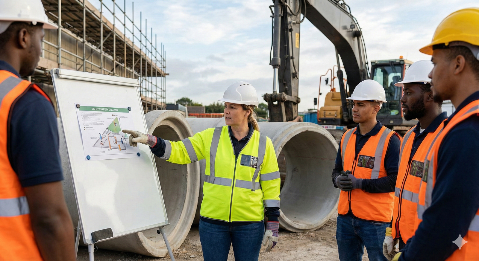 A supervisor leading a safety meeting with field staff at a construction site, demonstrating direct communication with operations teams.