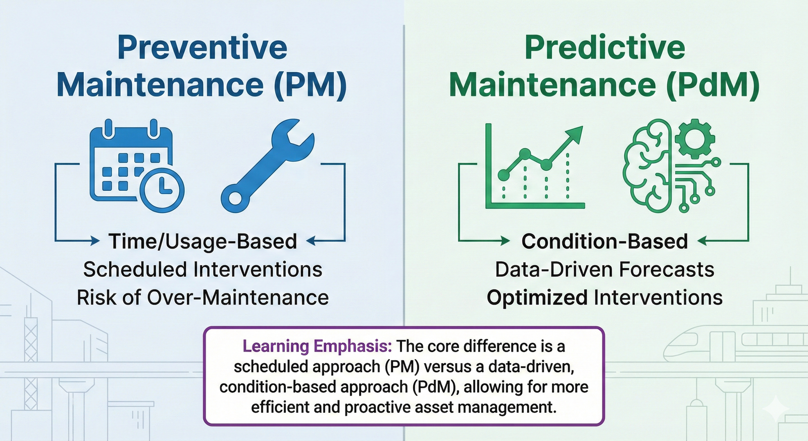 Comparison of Preventive Maintenance, which is time-based, versus Predictive Maintenance, which is condition-based.