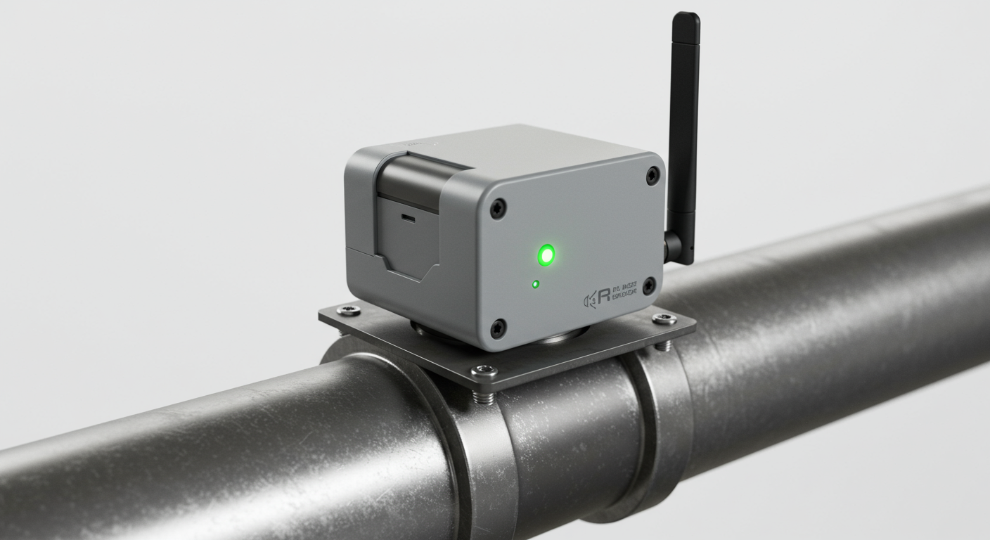 A modern IoT sensor attached to an industrial machine, used for collecting real-time performance data.