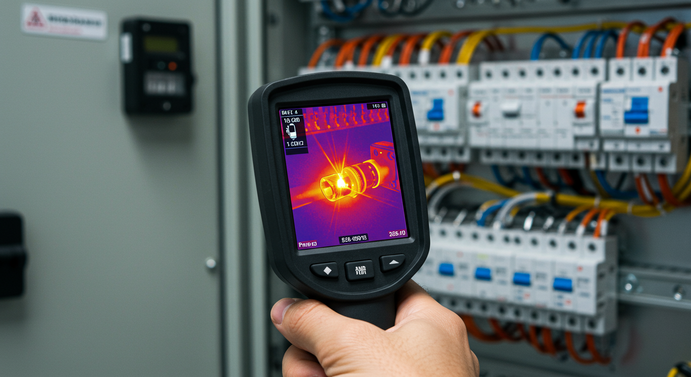 A thermal imaging camera detects a hot spot on an electrical panel, a key technique in predictive maintenance.