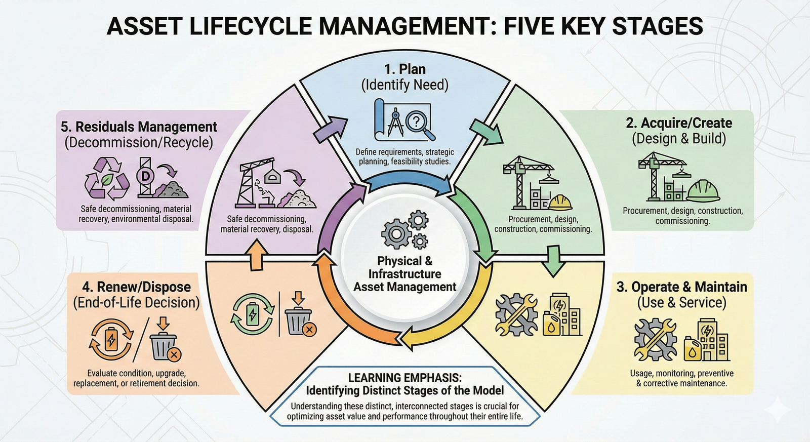 An infographic displaying the five stages of the asset lifecycle: Plan, Acquire/Create, Operate & Maintain, Renew/Dispose, and Residuals Management, arranged in a circle.